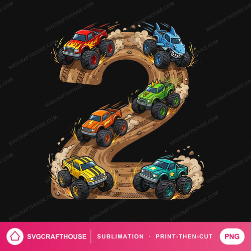 Two Monster Truck Birthday Number PNG | Sublimation Design — Single Design mockup 1