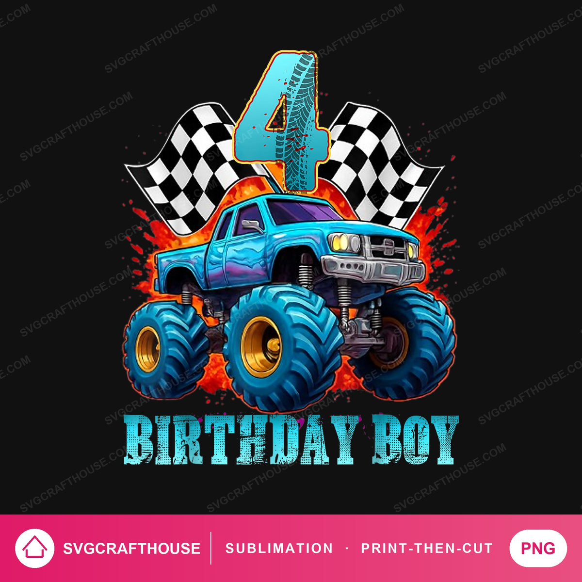 Four Birthday Boy Monster Truck PNG | Sublimation Design — Single Design mockup 1